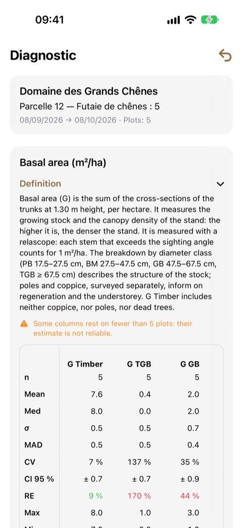 The top of the report: the scope, then the Basal area section with its definition.