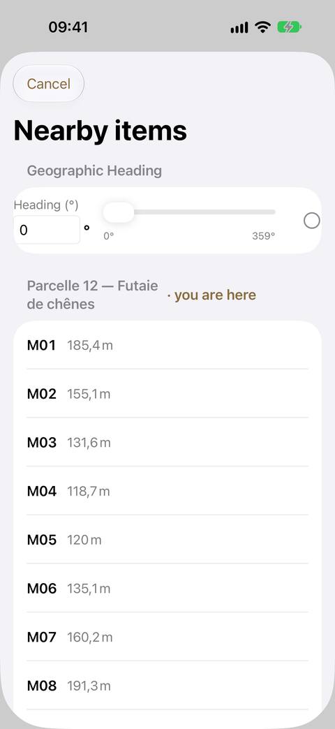 The Nearby items list: the geographic heading at the top, then the grid points within 200 m, grouped by parcel, with their distance.