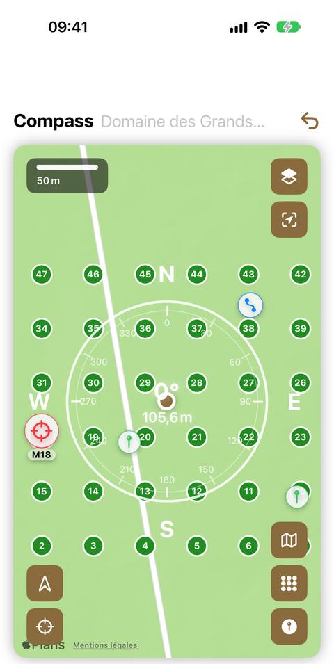 The chosen point becomes the target: in red on the map, with its code, and the distance still to cover.