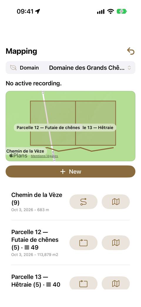 The Mapping screen: the active domain banner, the map where each parcel bears its name, the New button, then the list of paths and parcels — the ▦ symbol gives the number of grid points.