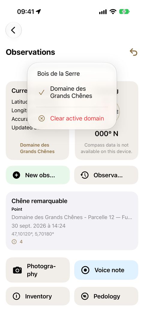 The Domain banner: tapping it drops down the list of your domains and changes the working context.