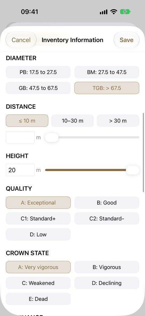 The Inventory Information sheet, with the photo attached at the top: tree type, species and stage, then diameter, distance, height and the new quality scale.