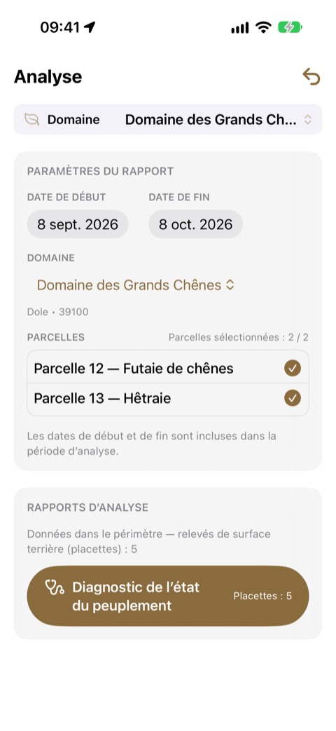 L'écran Analyse : la période, le domaine, les parcelles cochées, puis le nombre de placettes disponibles et le bouton Diagnostic.