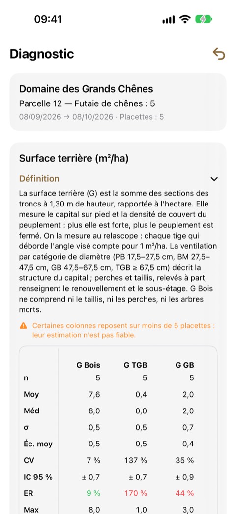 Le haut du rapport : le périmètre, puis la section Surface terrière avec sa définition.