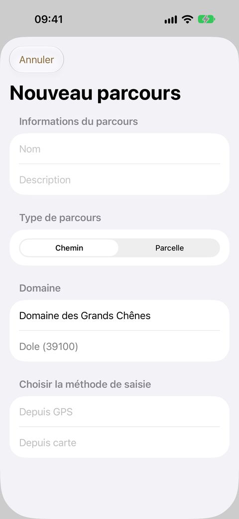 La fenêtre Nouveau parcours : nom, type (Chemin ou Parcelle), domaine, puis la méthode de saisie — Depuis GPS en marchant, Depuis carte au doigt.
