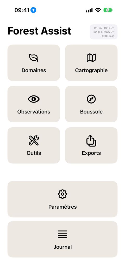 L'écran d'accueil : la pastille GPS en haut à droite, les modules en tuiles, Paramètres et Journal en pied de page.
