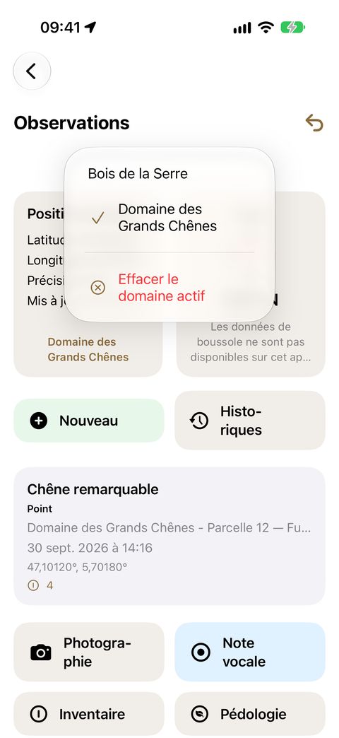 Le bandeau Domaine : appuyer dessus déroule la liste de vos domaines et change le contexte de travail.