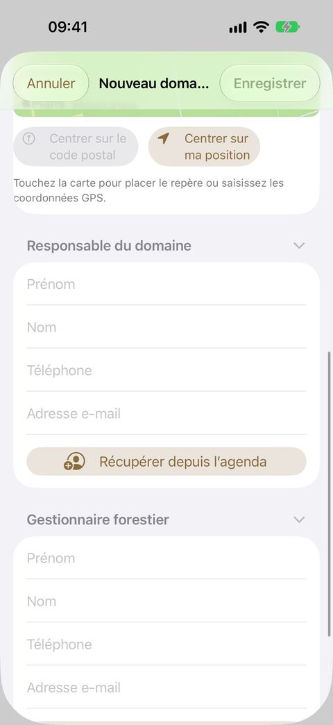Les fiches Responsable du domaine et Gestionnaire forestier, chacune avec son bouton Récupérer depuis l'agenda.