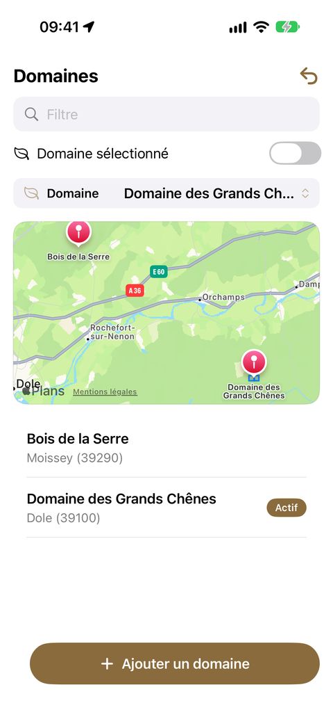 L'écran Domaines : le champ de recherche et l'interrupteur Domaine sélectionné en tête, la carte avec le repère de chaque domaine, puis la liste — le domaine actif porte la pastille Actif.