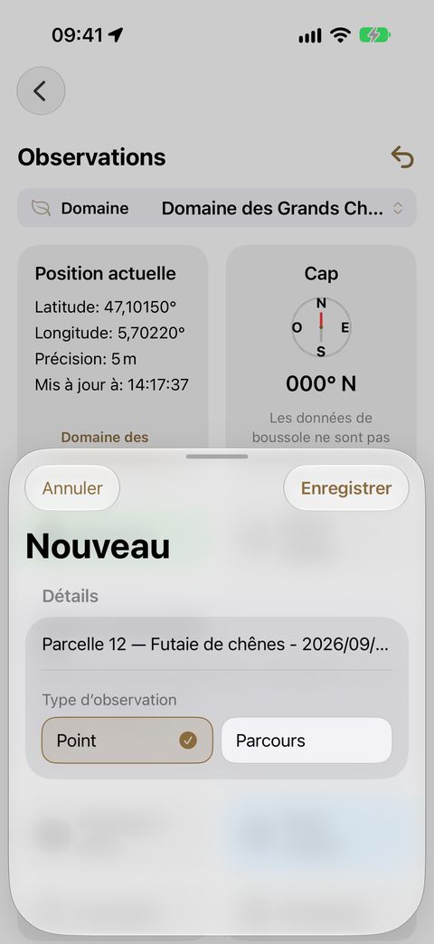 La fenêtre Nouveau : le titre proposé à partir de la parcelle, et le choix du type — Point ou Parcours.