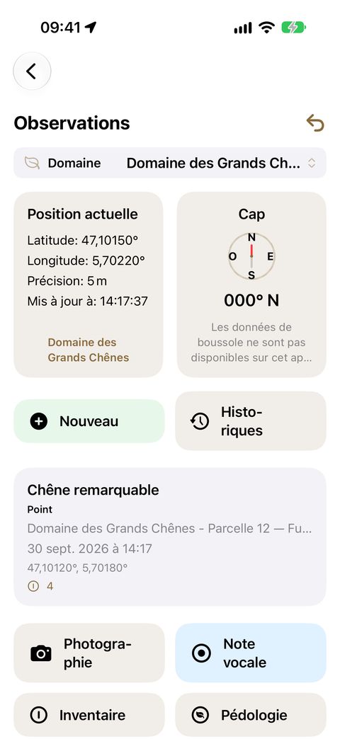 L'écran Observations : position et cap en haut, l'observation courante au centre, les actions d'enrichissement en bas.