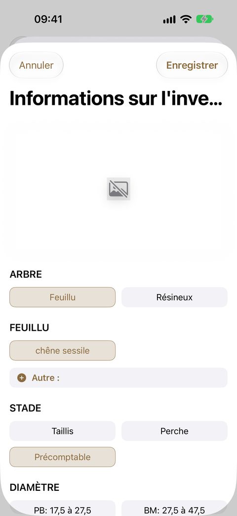 La fiche Informations sur l'inventaire, la photo attachée en tête : type d'arbre, essence et stade, puis diamètre, distance, hauteur et la nouvelle échelle de qualité.