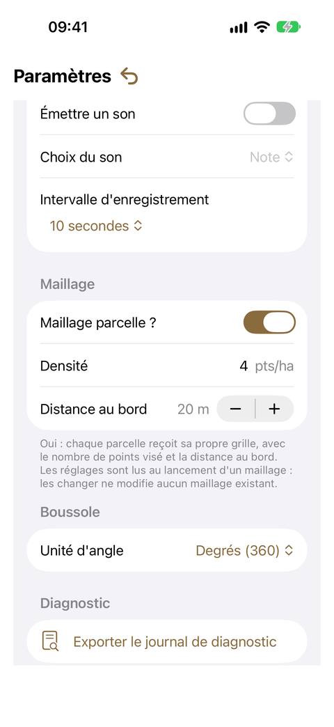 Les sections Cartographie et Maillage : retours à chaque point posé, intervalle d'enregistrement, puis Maillage parcelle ?, Densité et Distance au bord.